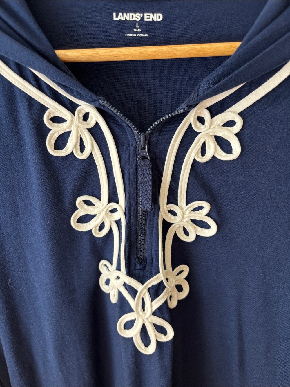 Lands' End Navy Hooded Tunic with White Loop Trim and Pockets Like New! Large 14 - Picture 5 of 5